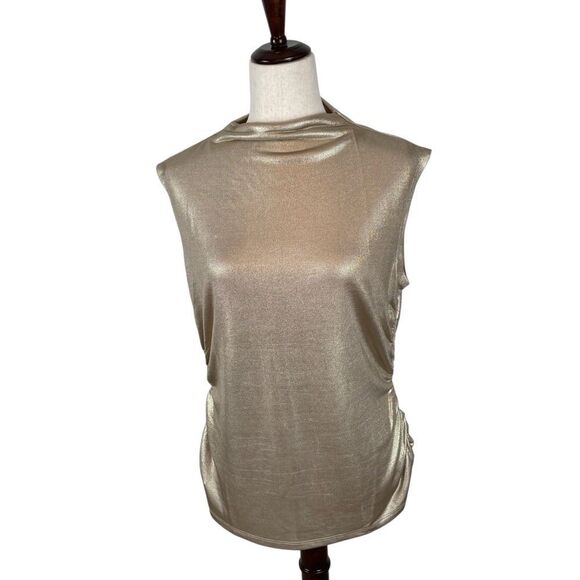 RM by Rebecca Minkoff Women's L Mock Neck Gold Metallic Sleeveless Blouse Ruched - Picture 4 of 9